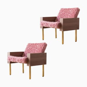 Set of Natural Walnut Block Armchairs by Carl Malmsten