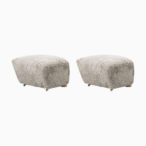 Set of Green Tea Natural Oak Sheepskin the Tired Man Footstools by Lassen