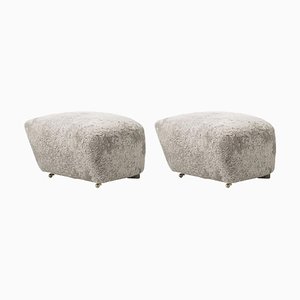 Set of Green Tea Smoked Oak Sheepskin the Tired Man Footstools by Lassen