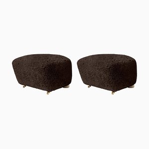 Set of Espresso Natural Oak and Sheepskin the Tired Man Footstools by Lassen