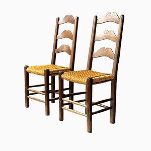 Set of Rustic Straw Side Chairs in the style of Perriand, France, 1950s