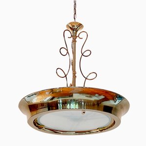 Lampada da soffitto Art-Deco in ottone e vetro satinato, anni '30