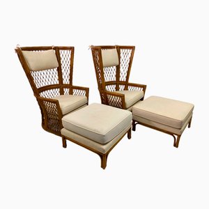 High Back Bamboo Chairs with Ottomans, 1980s, Set of 4