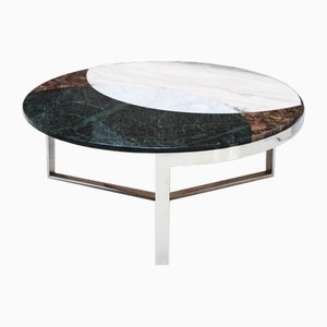 Mid-Century Round Coffee Table with Marquetery & Marble. France, 1970s