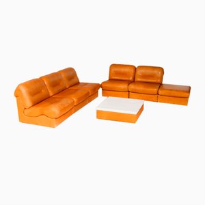 Cognac Leather Modular Sofa Set, Set of 7
