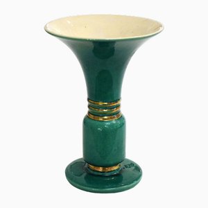 Large Art Deco Vase with Flared Shape Trumpet in Green Earthenware & Gilding by Cab for Ceramique Dart De Bordeaux, 1940s