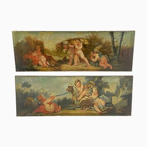 French Artist, Cherubs, 18th Century, Large Oil on Canvas Paintings, Set of 2