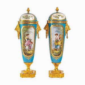 Napoleon III Covered Vases in Sèvres Porcelain and Gilt Bronze, Set of 2