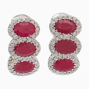 18 Karat White Gold Earrings with Rubies & Diamonds, Set of 2