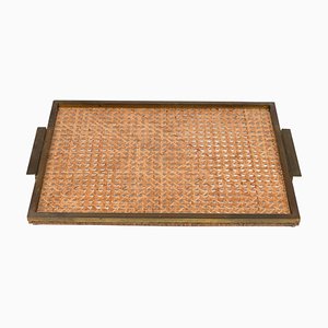 Serving Tray in Acrylic Glass, Rattan & Brass in the style of Christian Dior Style, Italy, 1970s