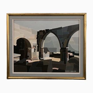Alain l'Hermitte, Geometric Architecture, 20th Century, Oil on Canvas, Framed