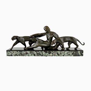 Michel Decoux, Art Deco Skulptur einer Frau mit Panthern, 1920, Bronze & Marmor