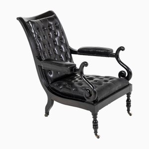 Fauteuil Milieu du XIXe Siècle en Bois Noirci et Cuir