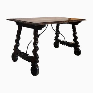 Table d'Appoint en Noyer avec Pieds et Plateau en Lyre Sculpté, Espagne, 19ème Siècle