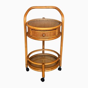 Mid-Century Round Serving Bar Cart in Bamboo & Rattan, Italy, 1960s