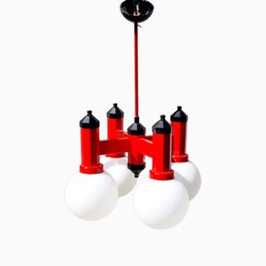 Moderne Mid-Century Deckenlampe mit 4 Armen aus Holz & Glas, Jugoslawien, 1970er