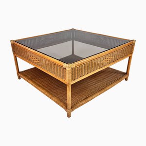 Bamboo and Rattan Coffee Table with Smoked Glass Top, 1970s