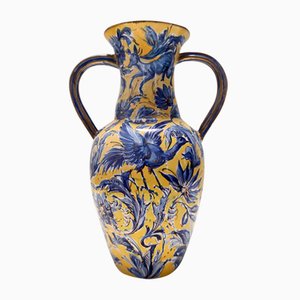 Ánfora vintage de cerámica esmaltada en amarillo y azul hecha a mano de Zulimo Aretini, Italia, años 50