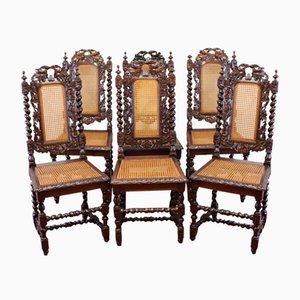 Antique Victorian Carved Oak Dining Chairs, Set of 6