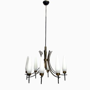 Mid-Century 8 Lights Brass and Opaline Glass Chandelier, Italy, 1950s