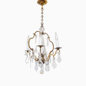 French Brass and Crystals Chandelier, 1930s