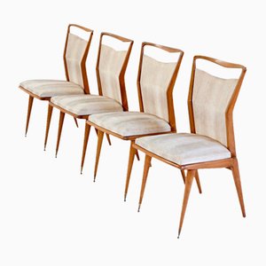 Moderne französische Mid-Century Esszimmerstühle aus Teak mit geschnitzten Messingspiegeln, 4 . Set