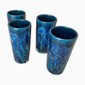 Verres en Céramique Bleue dans le style d'Aldo Londi, Italie, 1960s, Set de 4