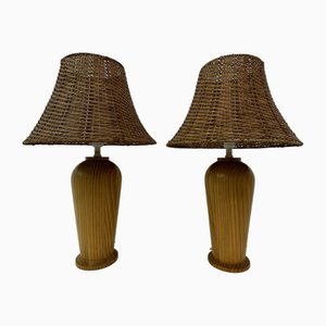 Lampes de Bureau Vintage en Bois avec Abat-Jour en Rotin de Ikea, 1980s, Set de 2