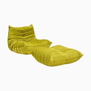 Green Velvet Togo Lounge Chair and Footstool attributed to Michel Ducaroy for Ligne Roset, 1990s, Set of 2
