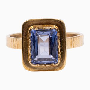 Anillo vintage de oro amarillo de 14 k con zafiro sintético, años 70