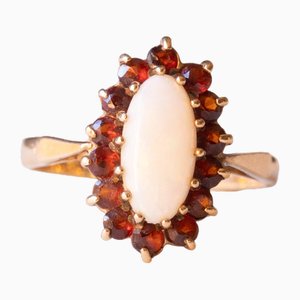 Vintage 9k Yellow Gold Daisy Ring with Opal and Garnets, 1980s