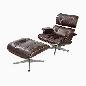 American Brown Leather Wooden Lounge Chair and Footrest attributed to Eames for Miller, 1970s, Set of 2