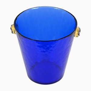 Blue Murano Glass Ice Bucket with Gold Glass Handles, Italy, 1960s