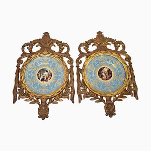 Plaques Sèvres avec Cadre Doré Angelot en Porcelaine, Set de 2
