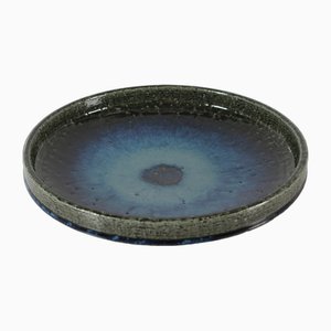 Large Mid-Century Danish Low Bowl in Deep Blue and Moss Green Glazed Stoneware by Per Linnemann-Schmidt for Palshus, 1960s