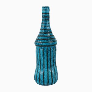 Grand Vase Bouteille Turquoise avec Rayures Noires par Guido Gambone, Italie, 1950s