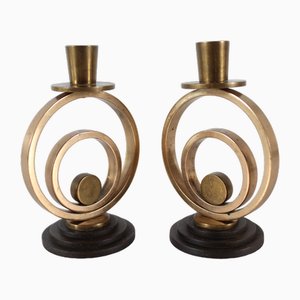 Small Danish Art Deco Candleholders in Patinated Brass, Denmark 1940s, Set of 2