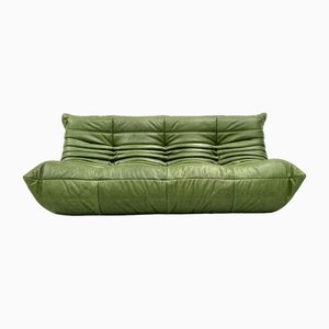 French Togo Sofa in Forest Green Leather by Michel Ducaroy for Ligne Roset, 1970s