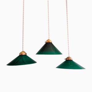 Art Deco Suspensions in Conical Green Opaline Glass, 1930s, Set of 3