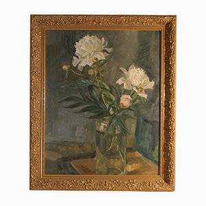 Artiste Impressionniste, Nature Morte de Pivoines dans un Vase, 1948, Huile sur Panneau, Encadrée