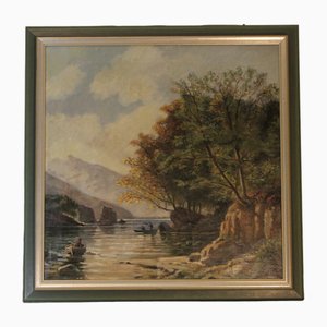 Artista impresionista, Paisaje fluvial con pescadores, de principios del siglo XX, óleo sobre lienzo