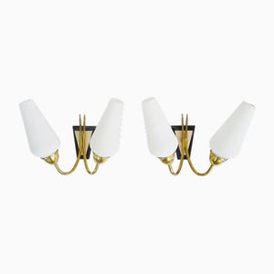 Double Light Wall Sconces in Brass with White Tube Shades, 1970s, Set of 2