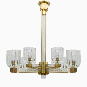 Lampadario Art Déco in vetro di Murano e ottone di Barovier & Toso per Sciolari, 1930