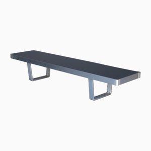 Mesa de centro larga de aluminio y vidrio, años 90