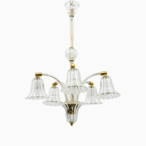 Italian Art Deco Murano Glass and Brass Chandelier by Ercole Barovier for Barovier & Toso, 1940s