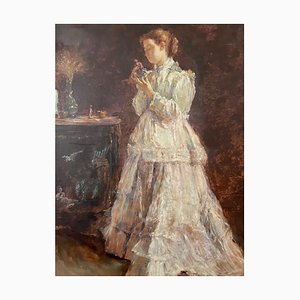 Delville, Junge Frau mit weißem Kleid, Ende 1800 oder Anfang 1900, Öl auf Leinwand