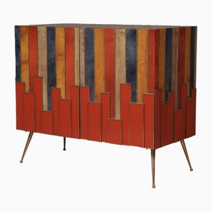 Credenza Mid-Century in pelle di capra multicolore in ottone e vetro rosso, anni '80