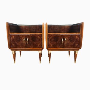 Mid-Century Bedside Tables in Walnut and Maple with Glass Tops, Italy, 1950s, Set of 2
