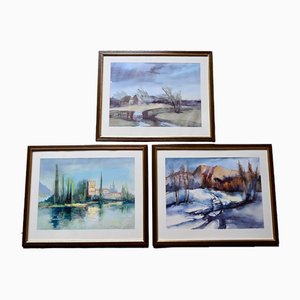 Joseph Müller Pauly, Landscapes, 1970s, Watercolors, Framed, Set of 3