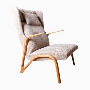 Large High Armchair in Curved Beech and Fabric Konkav Model by Paul Bode for Federholz.